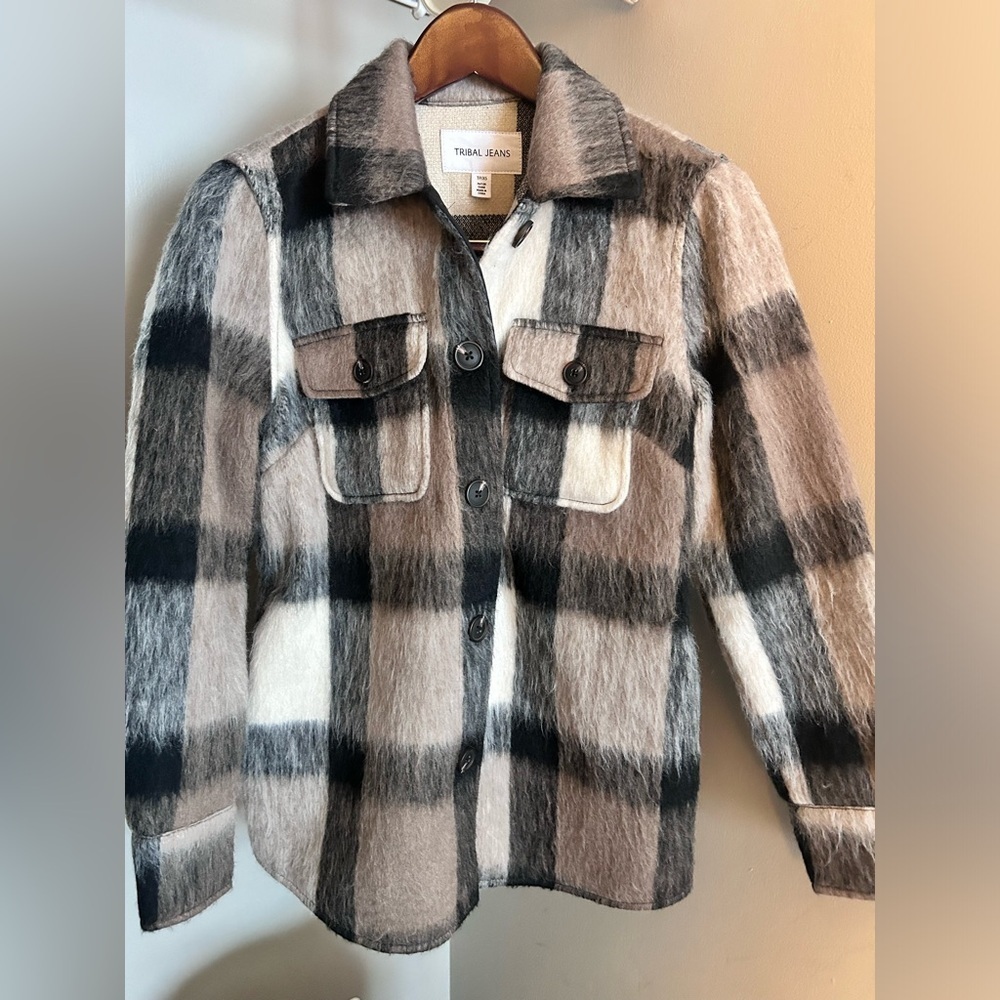 Tribal Jeans mid length brushed plaid shacket - Picture 2 of 5